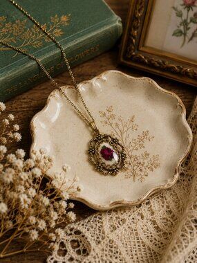 Vintage Petit Point Rose Pendant Necklace Gold Tone Floral Cameo Cottagec